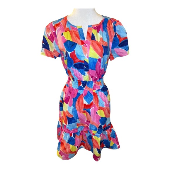 Rachel Zoe Multicolor Abstract Print Dress Short Sleeve Smocked Waist Size Small - Picture 1 of 7